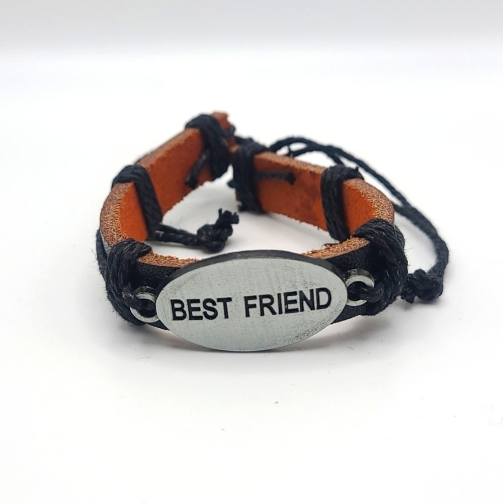 Best Friend Charm Leather Bracelet – Adjustable Slip Tie (NWOT)